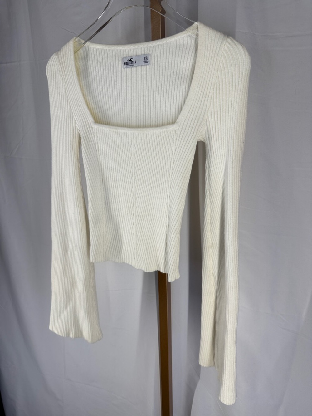 Hollister Square Neck Ribbed Bell Sleeve Babydoll Y2K Knit Top Sweater XS Cream - Picture 8 of 10